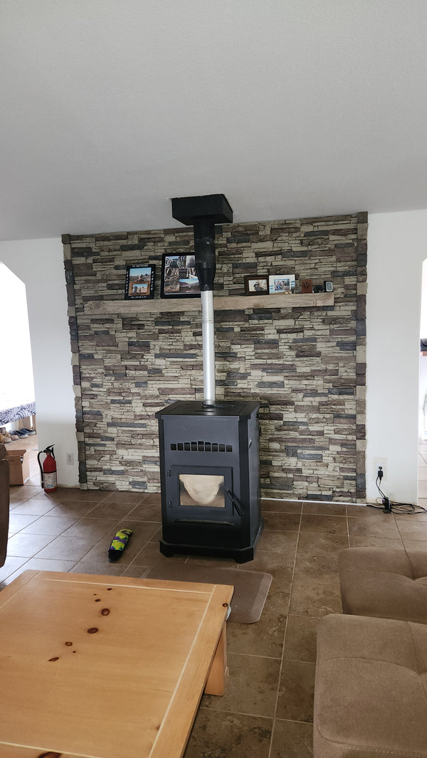 Lightning Ridge faux stone panel in Nature's Spirit – log burner wall and living room