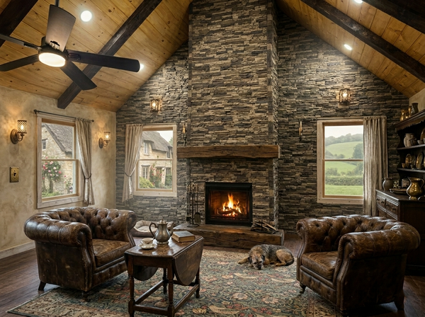 Lightning Ridge faux stone panel in Nature's Spirit – fireplace surround and accent wall installed by a DIY homeowner