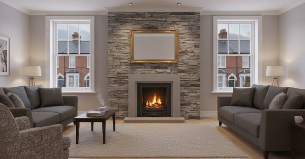 Stick-A-Stone peel-and-stick faux stone panel in Moonlight Grey – fireplace surround and living room