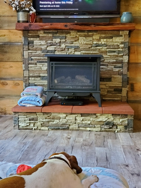 Lightning Ridge faux stone panel in Nature's Spirit – fireplace surround installed by a DIY homeowner