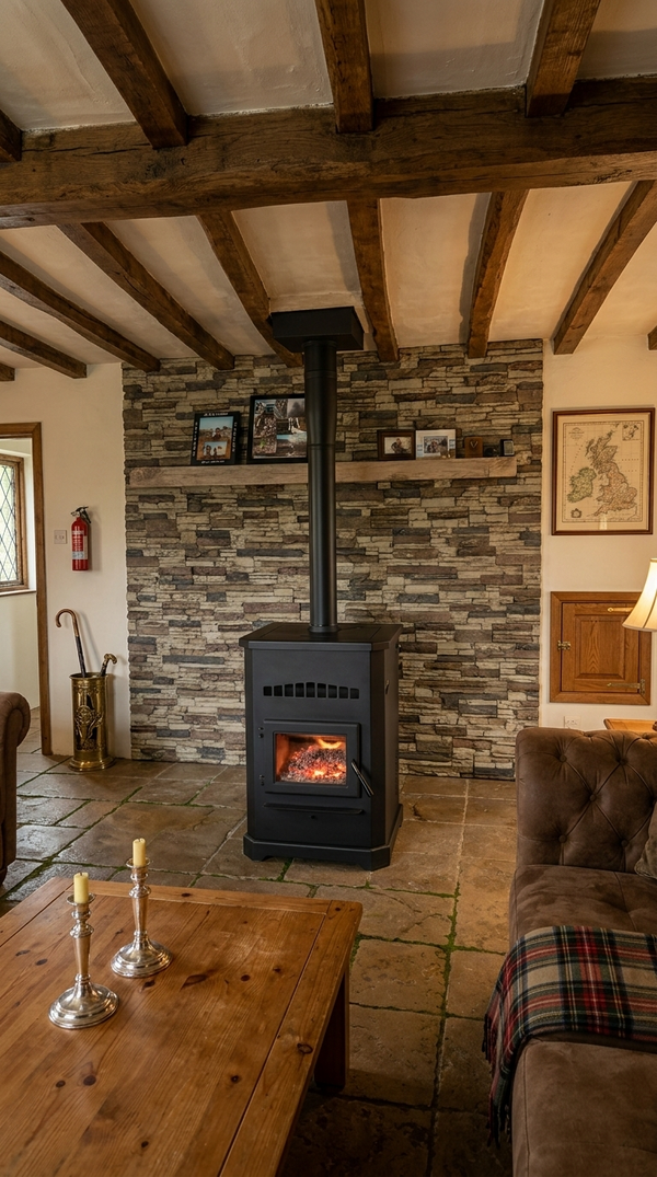 Lightning Ridge faux stone panel in Nature's Spirit – fireplace surround and log burner wall installed by a DIY homeowner